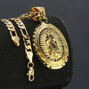 Ciondolo Nostra Signora di Guadalupe Oro 14k Ottone Placcato 18" Catena Choker Figaro - Foto 1 di 6