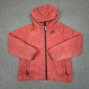 Nike Jacket womens SMALL red Puffer Full Zip Hooded zip Winter swoosh Size S - Picture 1 of 12
