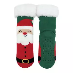 Santa Claus Faux Sherpa Lined Soft Non-Slip Green Women's Slipper Socks - Picture 1 of 4
