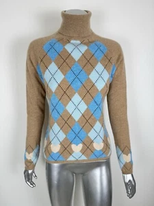 FOLIO 100% Cashmere Sweater Women's Medium Tan Blue Argyle Heart Accent - Picture 1 of 10