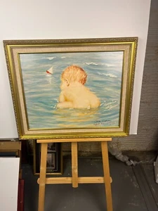 Vintage Ivan Anderson hand signed Baby at the beach Sailboat vintage wall art - Picture 1 of 4