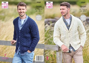 Knitting Pattern Mens Shawl Collar or V Neck Cable Cardigan King Cole Aran 5960 - Picture 1 of 4