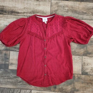 Knox Rose Women's Short Sleeve Red Blouse Size XS Button-Down Eyelet Pattern - Picture 1 of 10