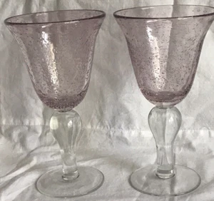 2 Hand blown Pink Stemmed  Goblet Water Wine Glass 12 oz Lots Bubbles M37 - Picture 1 of 13