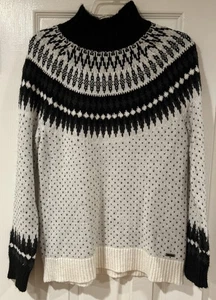 Eddie Bauer Damen Gr. M Fairisle Pullover Wolle Mohair nordisch weiß schwarz Herzen - Bild 1 von 8