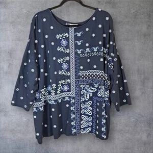 J.Jill Women Plus Embroidered Blouse Top Sz 4X Blue White Stripe Boho Pleasant - Picture 1 of 13