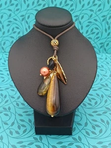 Stunning Long Gold Tone Teardrop Tigers Eye Cluster Pendant Necklace - Picture 1 of 16