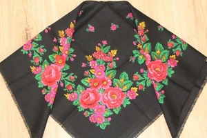 Black wool floral shawl, Vintage Ukrainian square scarf Ethnic slavic shawl USSR - Picture 1 of 11