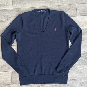 Ralph Lauren Sport Jumper Womens M Medium Navy Blue V Neck 100% Merino Woool - Picture 1 of 14