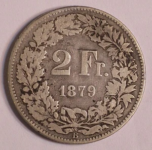 1879-B Svizzera 2 Franchi Moneta Argento KM-21 SCARSA #15433 - Foto 1 di 5