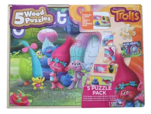 DreamWorks Trolls 5 Wood Puzzle Pack with Storage and Tray - Picture 1 of 4