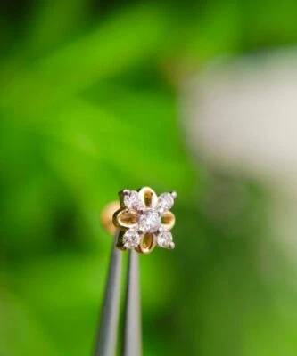 14K Yellow Gold Genuine Diamond Flower Stud Piercing Jewelry Gold Stud Earring. - Image 1 of 4