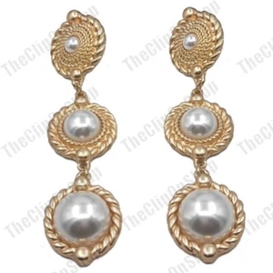 CLIP ON ORECCHINI DI PERLE RETRÒ LUNGHI 3,5" stile vintage ORO OPACO MODA grandi clip - Foto 1 di 3