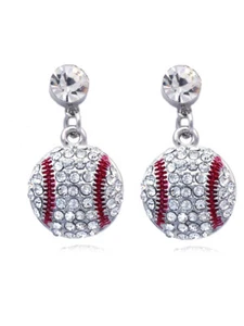 Small Baseball Sport Dot Dangle Clear Crystal Pave Charm Post Earrings - Picture 1 of 2