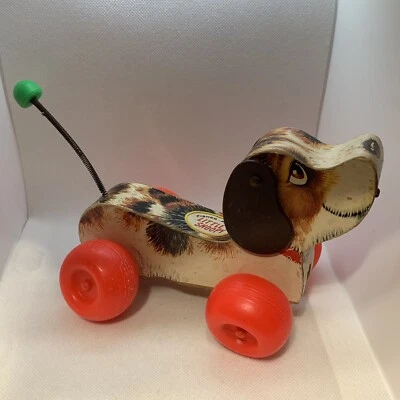 老式 Fisher Price 693 Little Snoopy 狗拉玩具木制 1965 年美国制造 — 第 1/4 张图片