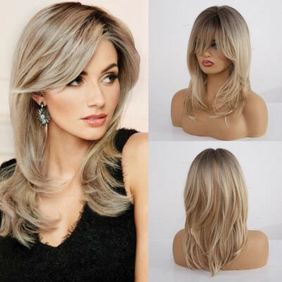 Mujeres Niñas Peluca Larga Rubia Sintética Capas con Raíces Oscuras Fiesta Diaria Foto 1 de 4