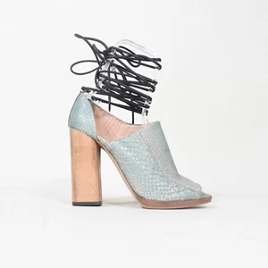 Reed Krakoff Heels 40 Teal Snakeskin Leather Open-Toe Lace-Up Block Heels NWOT - Picture 1 of 9