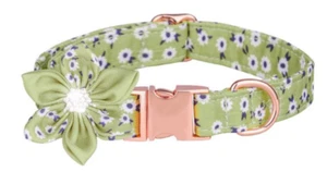 Dog Collar Spring Green Flower w Removable Bow Rhinestone Rose Gold Buckle S M L - Picture 1 of 2