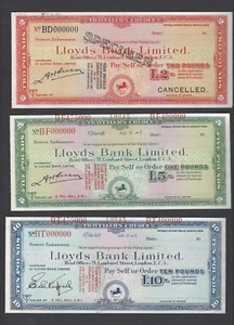 Great Britain- Lloyds Bank Limited  2-5-10 Pounds Traveller Cheques Specimen  - Picture 1 of 2