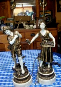 French Moreau Figural Lamps Fisherman Lady Flower Box HP Bronzed Metal Signed - Picture 1 of 12