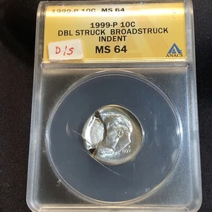 1999 p roosevelt Dime Error Double Struck & Broadstruck Indent ANACS Ms64 V Nice - Picture 1 of 15