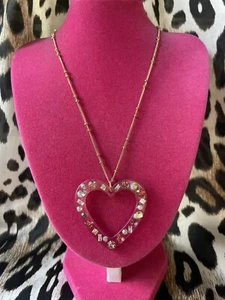 Betsey Johnson Lily Flower Pink Ombre Lucite Jeweled Heart Crystal AB Necklace - Picture 1 of 5