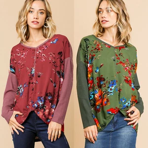 Umgee Top Size XL S M L Green Maroon Long Sleeve Floral Thermal Boho Womens New - Picture 1 of 11