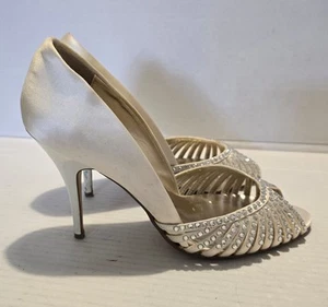 DUNE KARRIE SIZE 6 39 IVORY SATIN DIAMANTE BRIDAL WEDDING PEEP TOE COURT SHOES - Picture 1 of 11