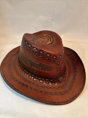 Embossed Leather Cowboy Hat Tooled Brown Horse Eagle Western Handmade - Image 1 of 4