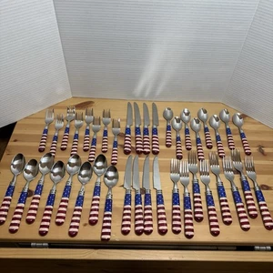 Sakura Colonial 1999 Warren Kimble Stainless Stars Stripe Flag Flatware 40pc Set - Picture 1 of 10