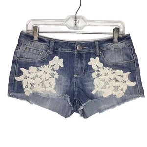 Almost Famous Womens Cutoff Denim Shorts Lace Juniors Size 9 Med Wash Stretch - Picture 1 of 10