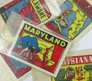 Vintage Travel Decal Lot MD FL DE LA GA Water Transfer Baxter Lane Orig 1950-60s - Picture 1 of 8