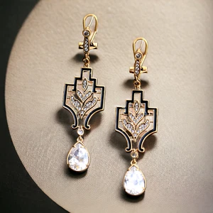 Art Deco Gold Plated Dormeuse Earrings Black Enamel Set With CZ QD33 - Picture 1 of 6