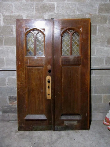 ~ ANTIQUE GOTHIC OAK DOUBLE ENTRANCE FRENCH DOORS WITH STAINED GLASS ~ 55 X 84 Cover
