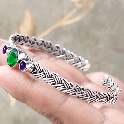 Chrome Diopside & Amethyst 925 Sterling Silver Cuff Designer Work Bracelet - Image 1 of 4