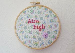 Hand Embroidered Hanging Hoop Art. Motivational Words 5" Diameter New - Picture 1 of 4