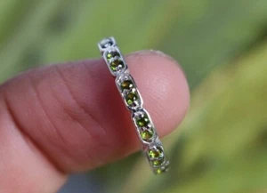 Green Peridot Round Gemstone 925 Sterling Silver Eternity Band Ring Gift For Her - Picture 1 of 7