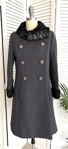 Vintage Coat Size S Gray Wool Black Lambs Fur Trim Double Breasted - Picture 1 of 6