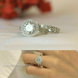 1.74CT Round Cut Lab Created Diamond Halo Engagement Ring Set 14K White Gold FN - Picture 1 of 6