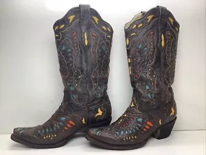 VTG WOMENS CORRAL COWBOY INLAY BROWN SNIP TOE BOOTS SIZE 9 M - Picture 1 of 9