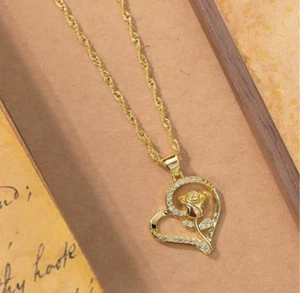 Womens Necklace Heart Love CZ Pendant 18K Gold Plated Stainless Steel Jewelry - Picture 1 of 5