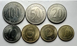 7 Vintage SFRJ Yugoslavia Dinar coins ~ 1,2,5,10,20,50 & 100 ~ Full Set AU~UNC - Picture 1 of 2