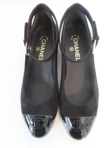 NWOB CHANEL Black Suede/Black Patent Cap Ballet Flats w/Ankle Strap 38.5/US 8.5 - Picture 1 of 11