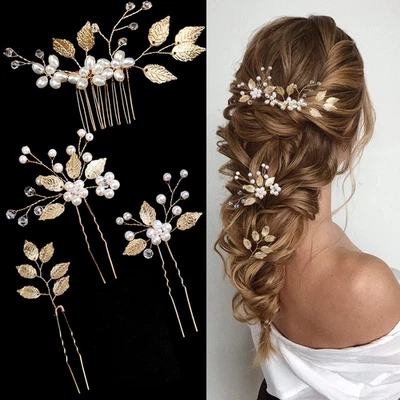 4 Pieces Bridal Wedding Hair Pins Gold Leaf Crystal Pearl Hair Pins Clips Flower - Image 1 of 4
