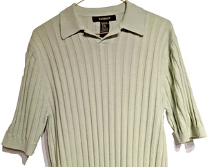 Bachrach Sweater Mens Large Green Ribbed Knit Silk Cotton Short Sleeve Polo Top - Picture 1 of 19