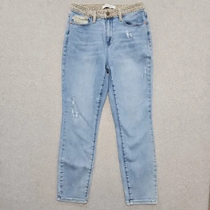 Jeans Judy Azul Calce Ajustado Pierna Cónica 7/28 Lavado Ligero Estampado Animal Elástico 10" Tiro - Imagen 1 de 11