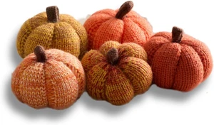 Set of 5 Cozy Mini Knit Pumpkins Classic Autumn Orange Gold Rust, Table Top Bowl - Picture 1 of 10