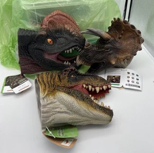 3 Dinosaurs Puppets Tyrannosaurus Rex, Triceratops, Dilophosaurus New - Picture 1 of 4