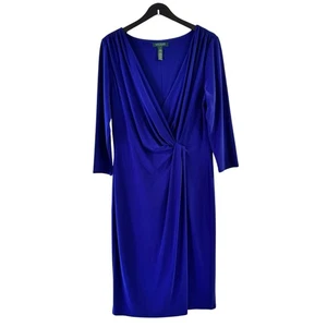 Vestido Jersey Ralph Lauren Azul Real Acanalado Manga Larga Cuello en V Elastizado Talla 14 - Imagen 1 de 5