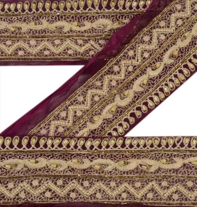 Sanskriti Vintage Saree Border Hand Beaded 1 Yd Trims Lace 2.5"W Floral Maroon - Picture 1 of 6